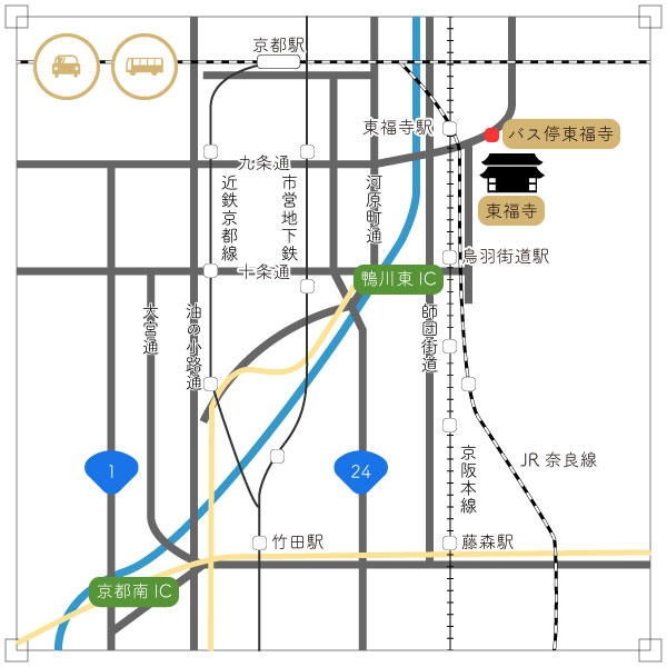 東福寺までの車とバスの地図